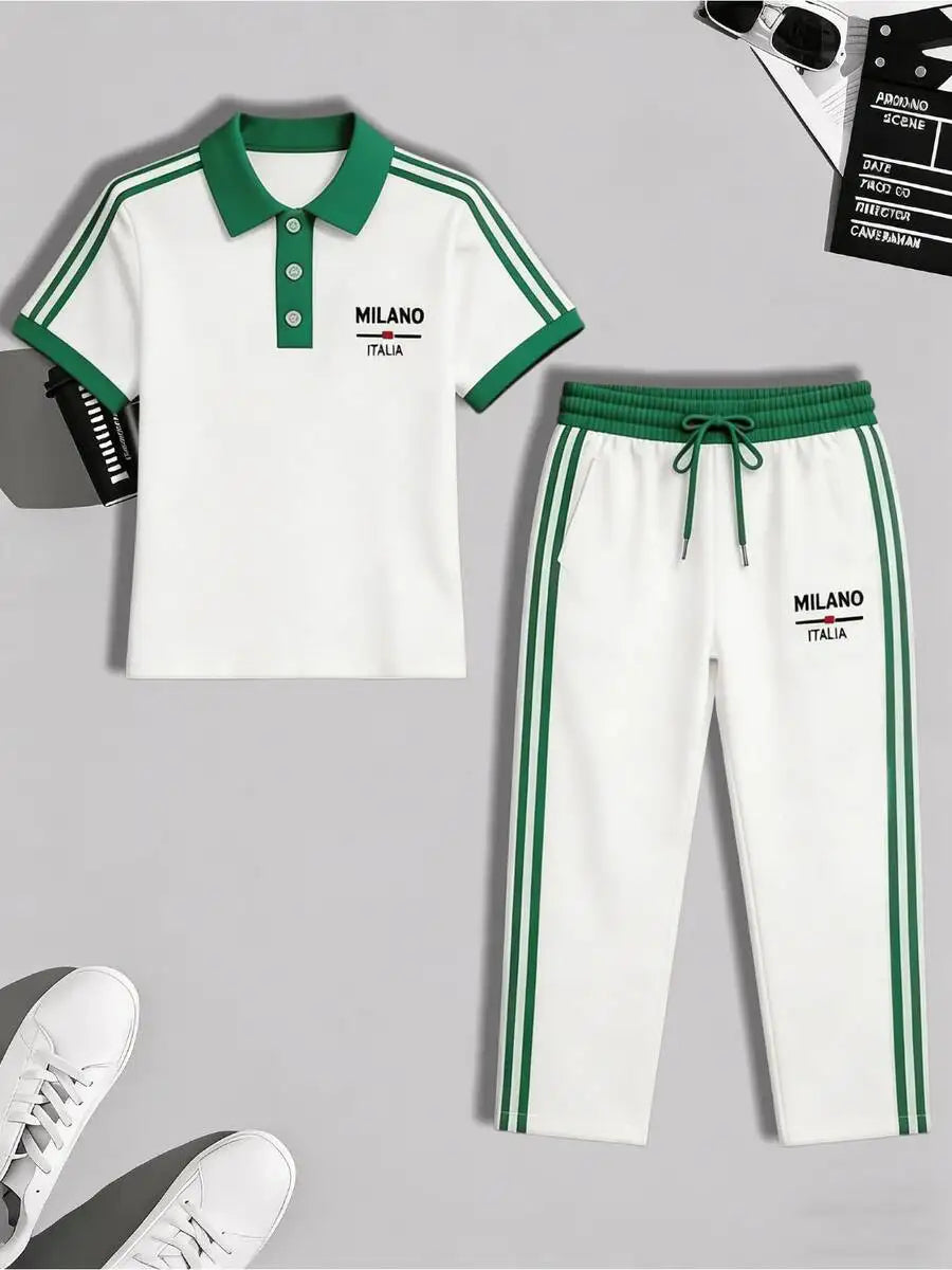 Men's Casual Cuban Collar Shirt Drawstring Pants Two Piece Set