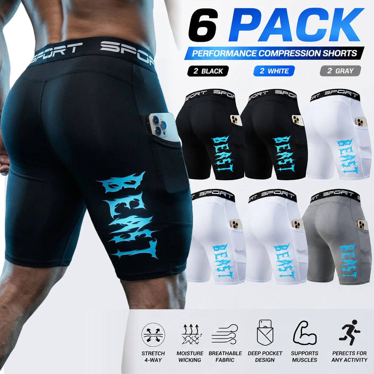 Quick Dry Compression Shorts With Phone Pocket For Men Gym Training