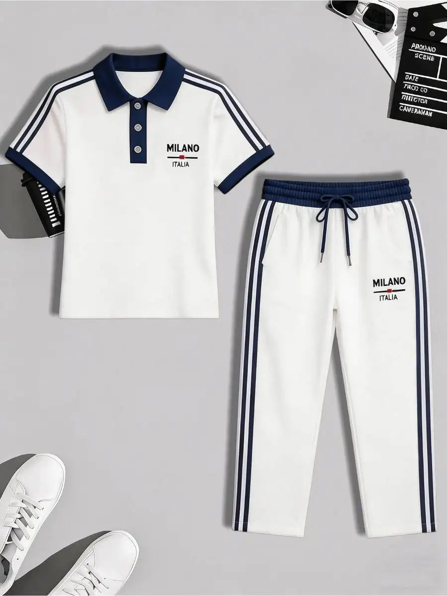 Men's Casual Cuban Collar Shirt Drawstring Pants Two Piece Set