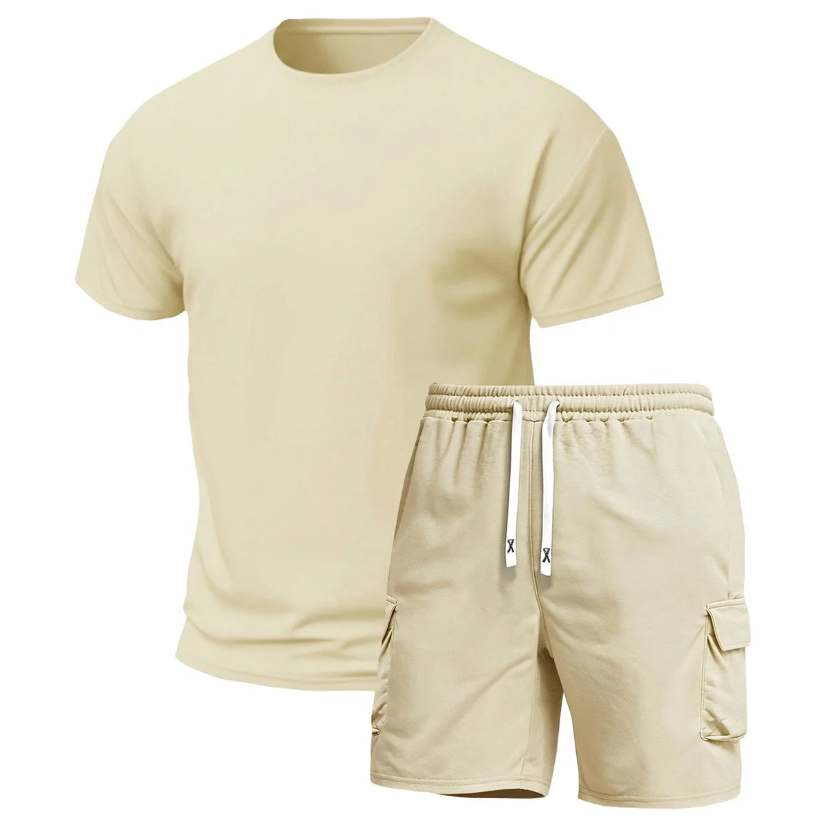 Mens Multi Pocket Cargo Pants And Short Sleeve Tee Set