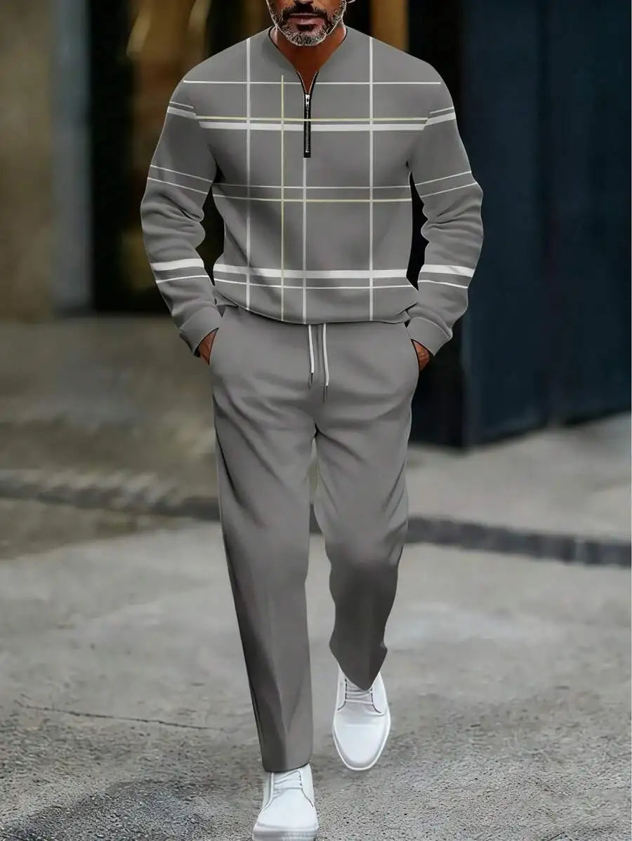 Men Lightweight Two Piece Business Casual Half Zip Plaid Set