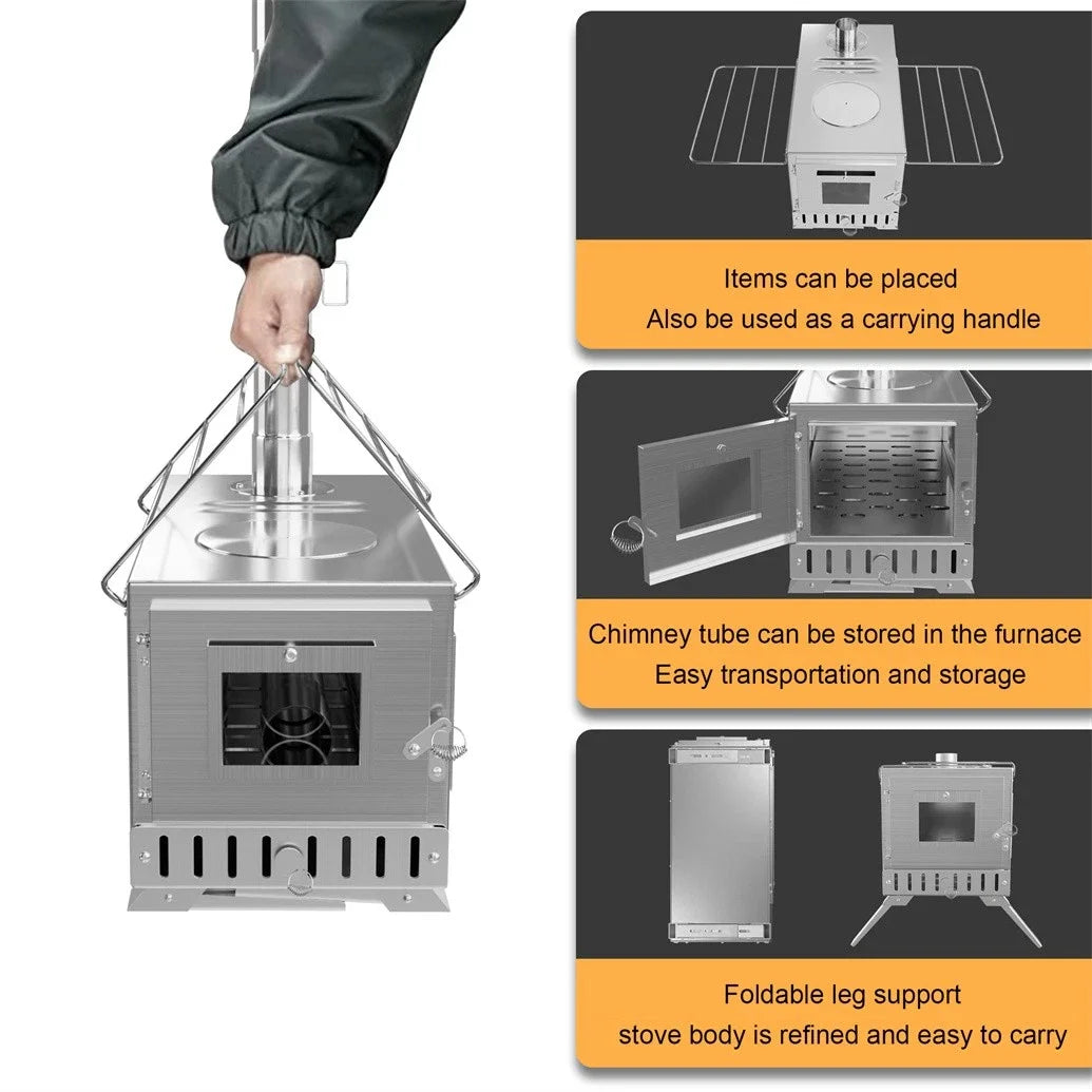 Portable Stainless Wood Burning Stove With Chimney For Camping