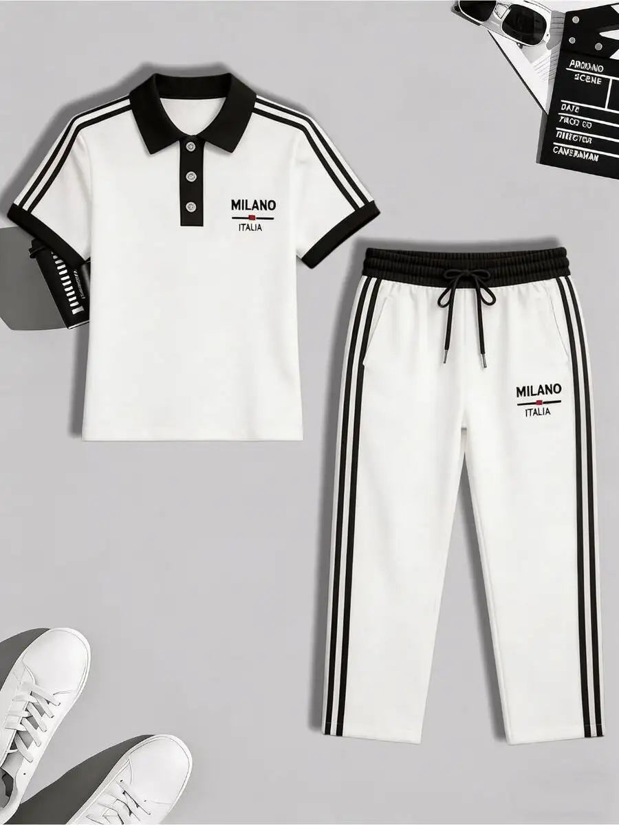 Men's Casual Cuban Collar Shirt Drawstring Pants Two Piece Set