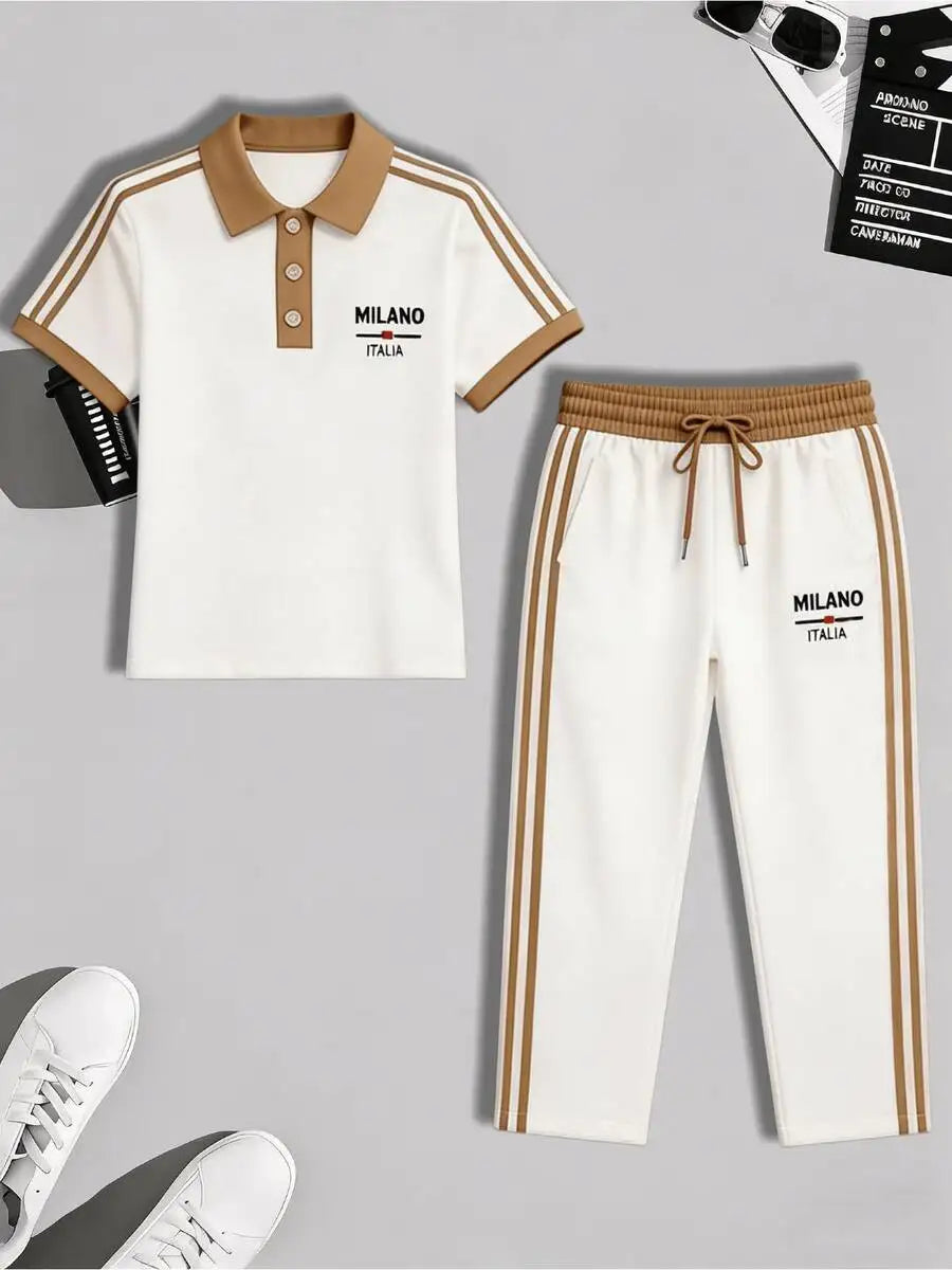 Men's Casual Cuban Collar Shirt Drawstring Pants Two Piece Set