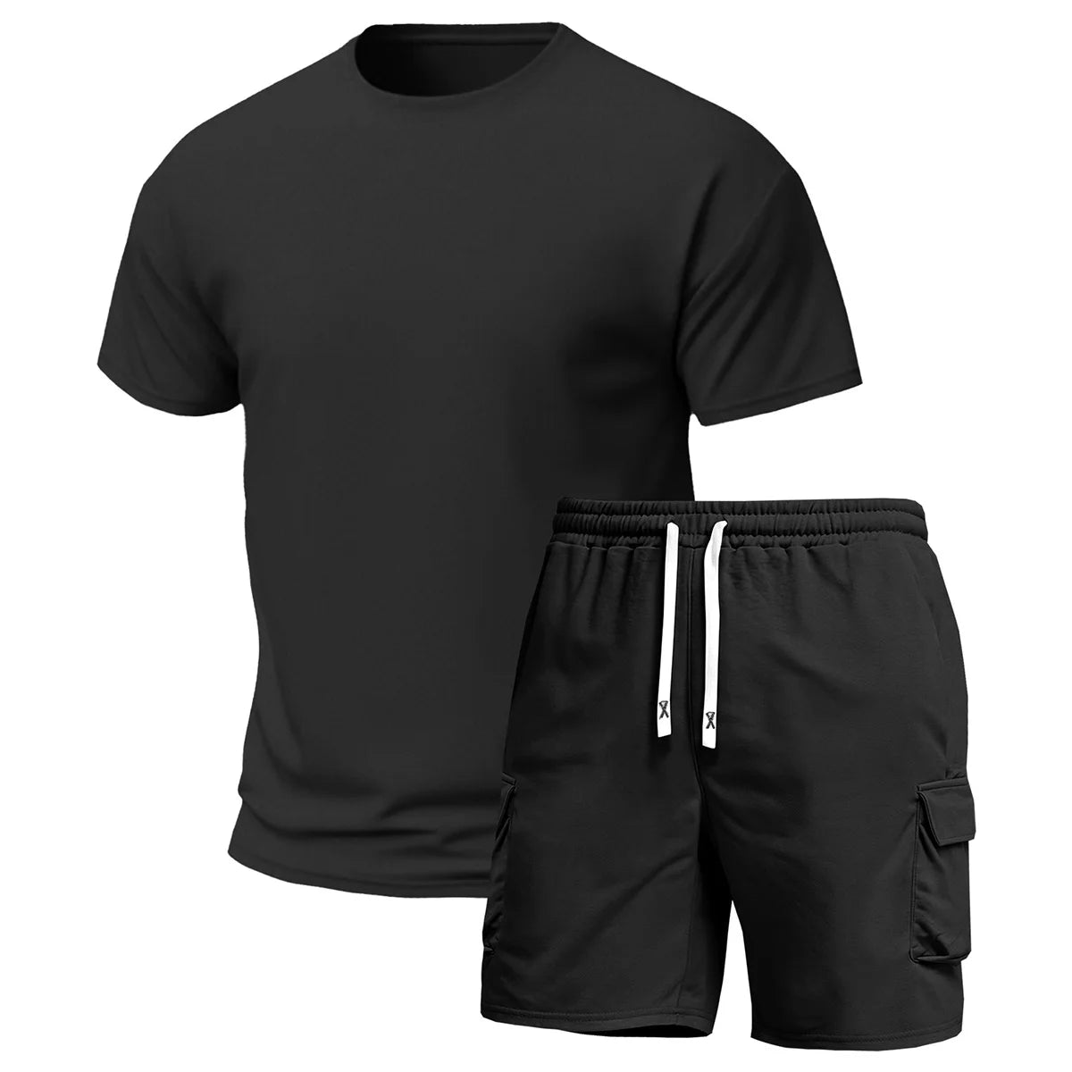 Mens Multi Pocket Cargo Pants And Short Sleeve Tee Set