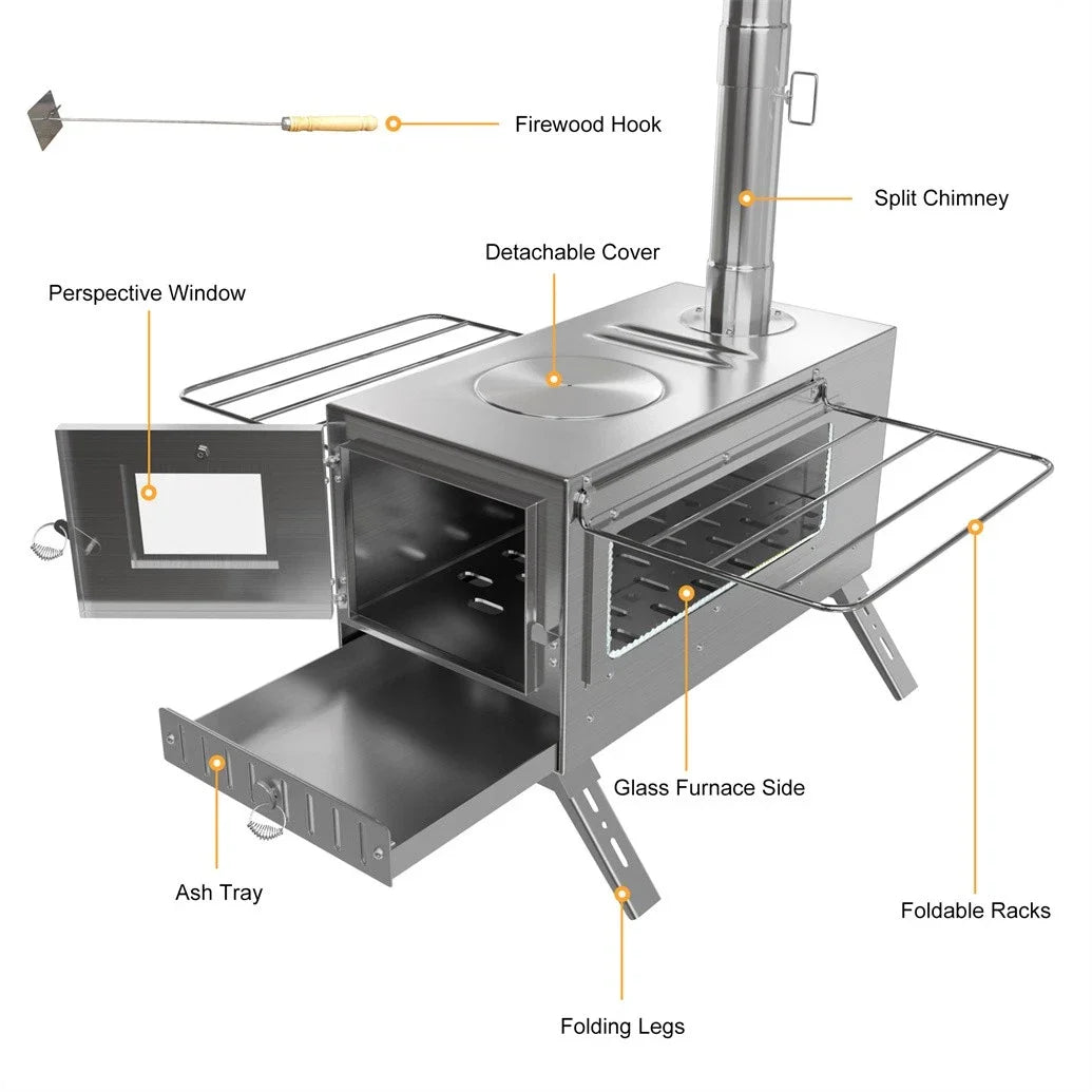 Portable Stainless Wood Burning Stove With Chimney For Camping