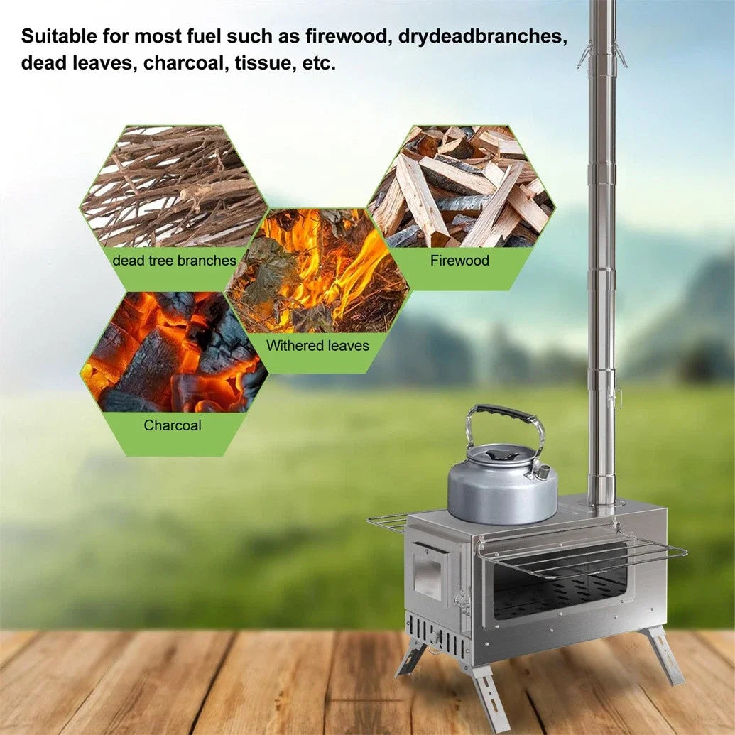 Portable Stainless Wood Burning Stove With Chimney For Camping