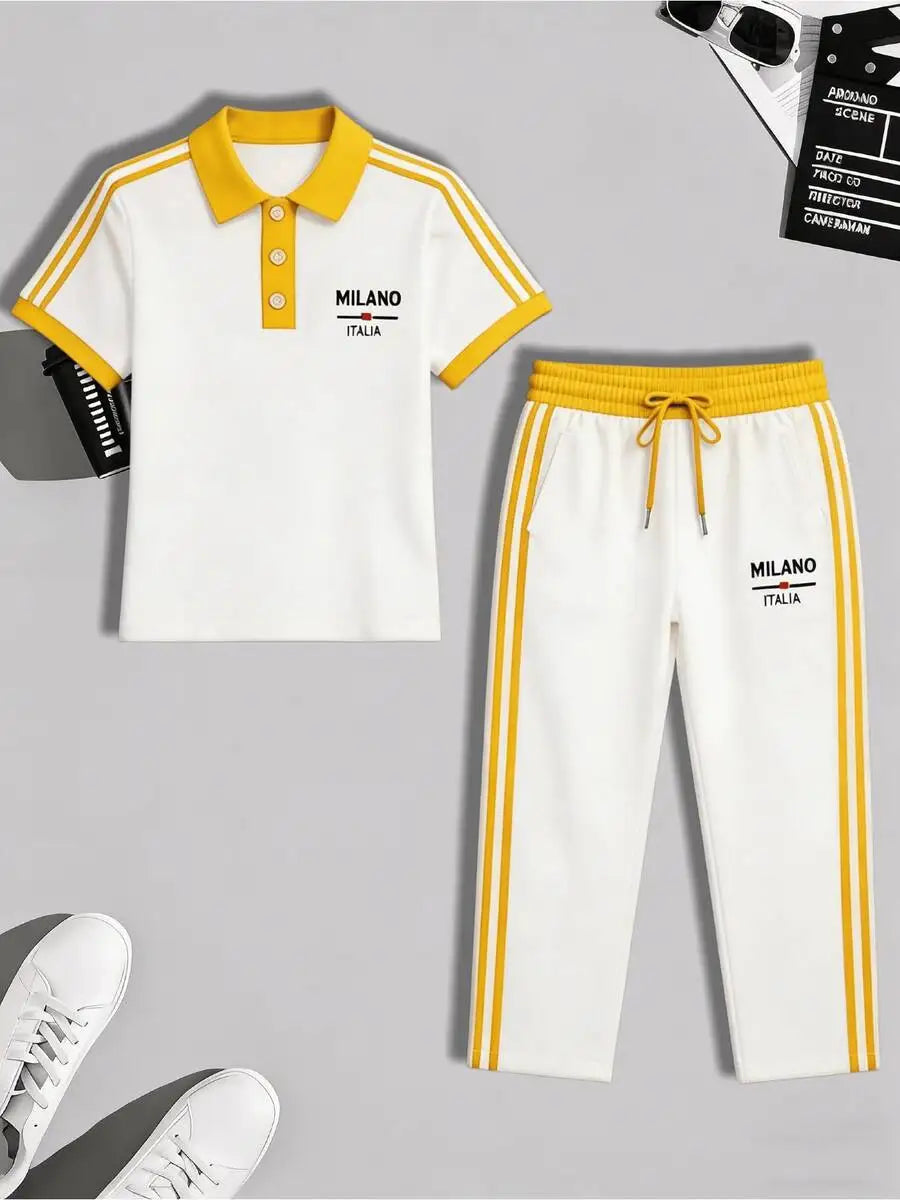 Men's Casual Cuban Collar Shirt Drawstring Pants Two Piece Set