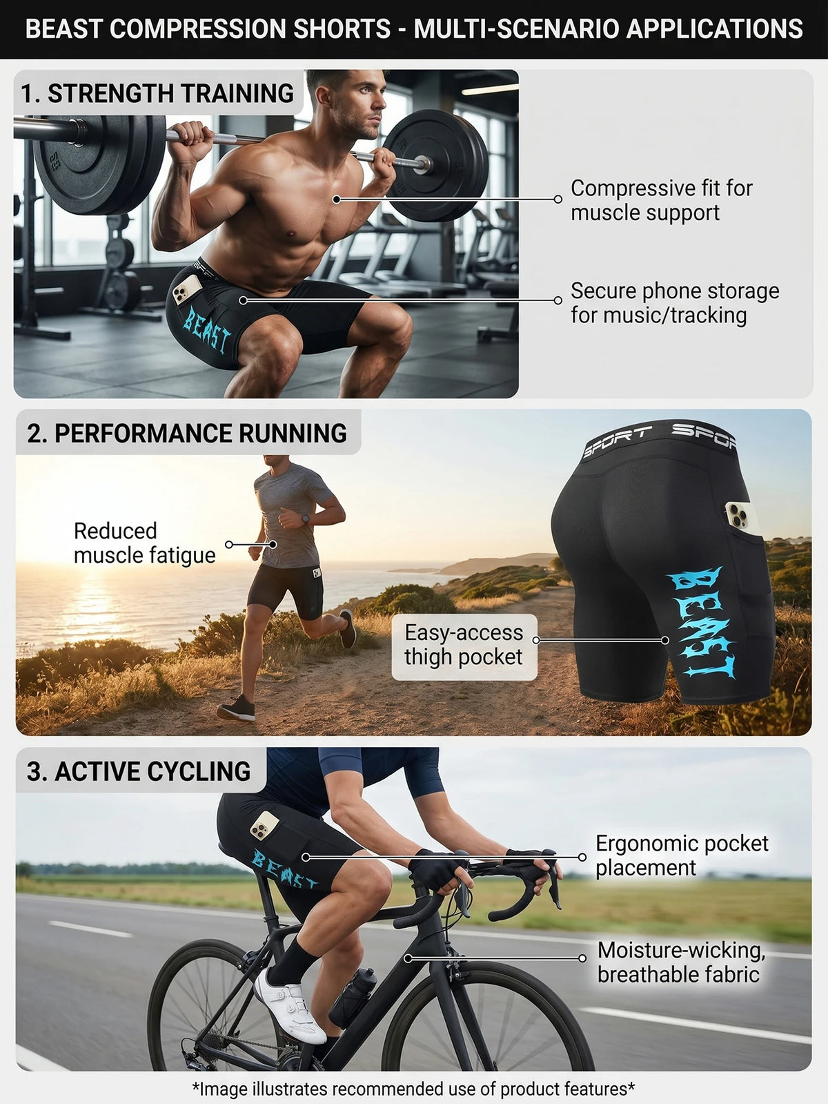 Quick Dry Compression Shorts With Phone Pocket For Men Gym Training