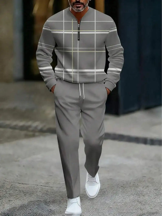 Men Lightweight Two Piece Business Casual Half Zip Plaid Set
