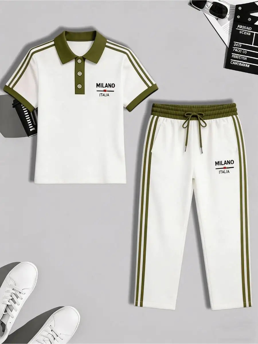 Men's Casual Cuban Collar Shirt Drawstring Pants Two Piece Set