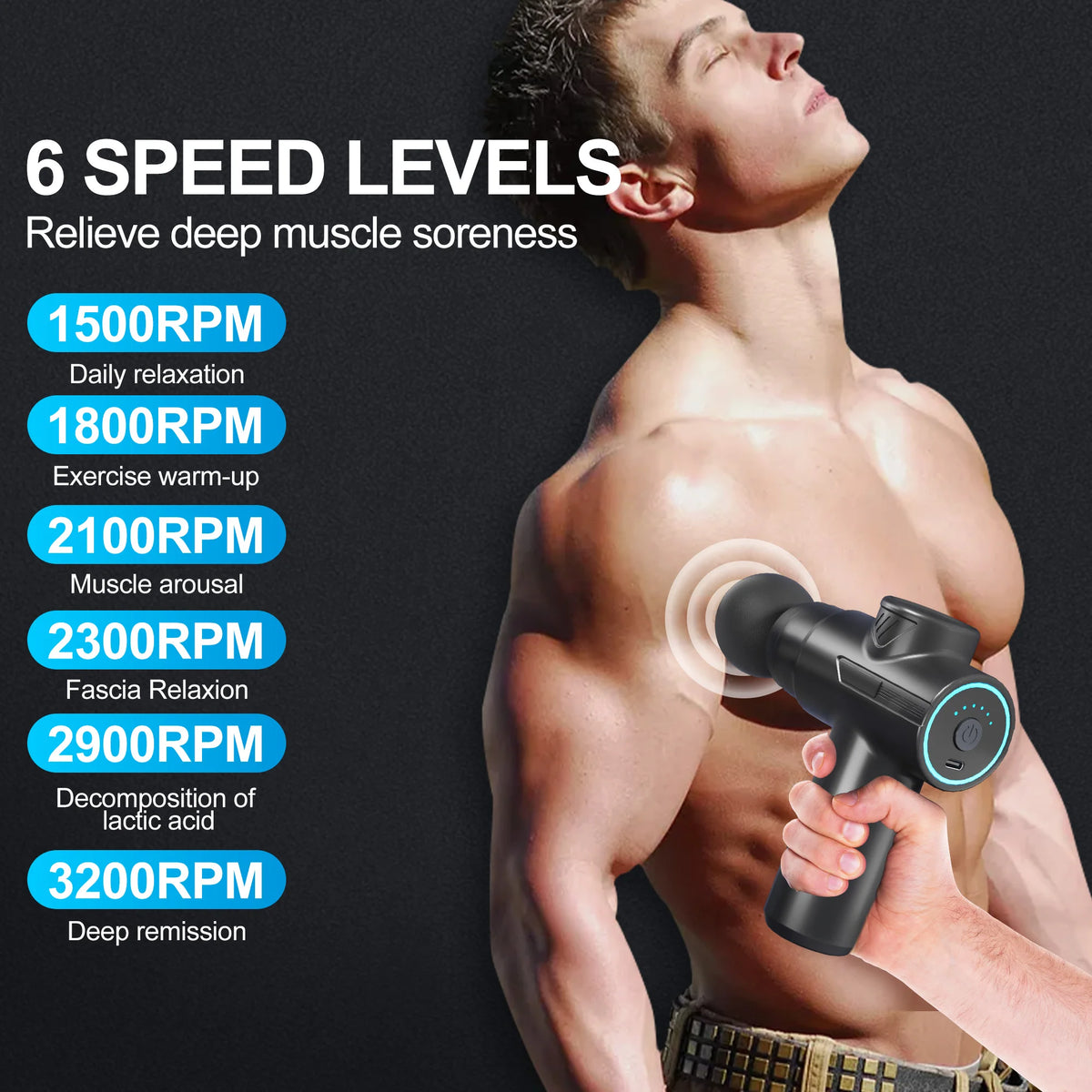 Leercon Portable Fascial Massage Gun 6 Speeds 4 Heads