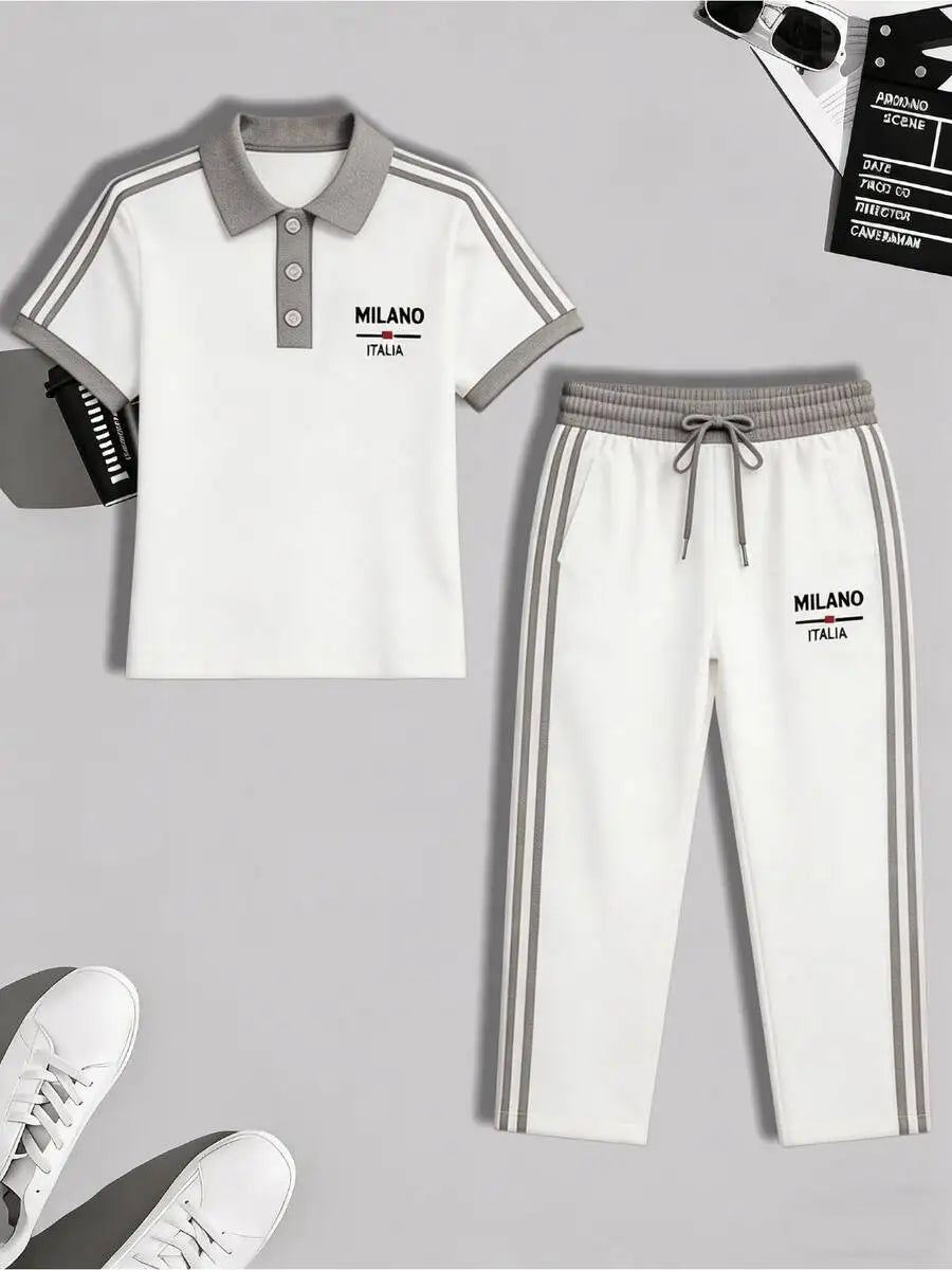 Men's Casual Cuban Collar Shirt Drawstring Pants Two Piece Set
