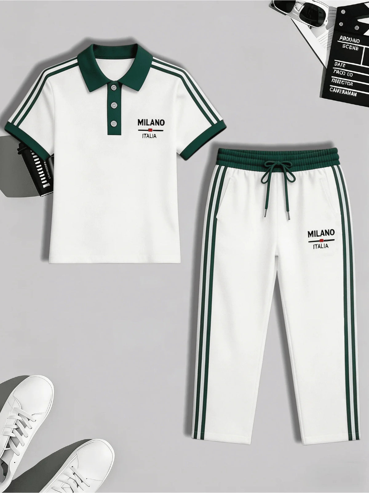 Men's Casual Cuban Collar Shirt Drawstring Pants Two Piece Set